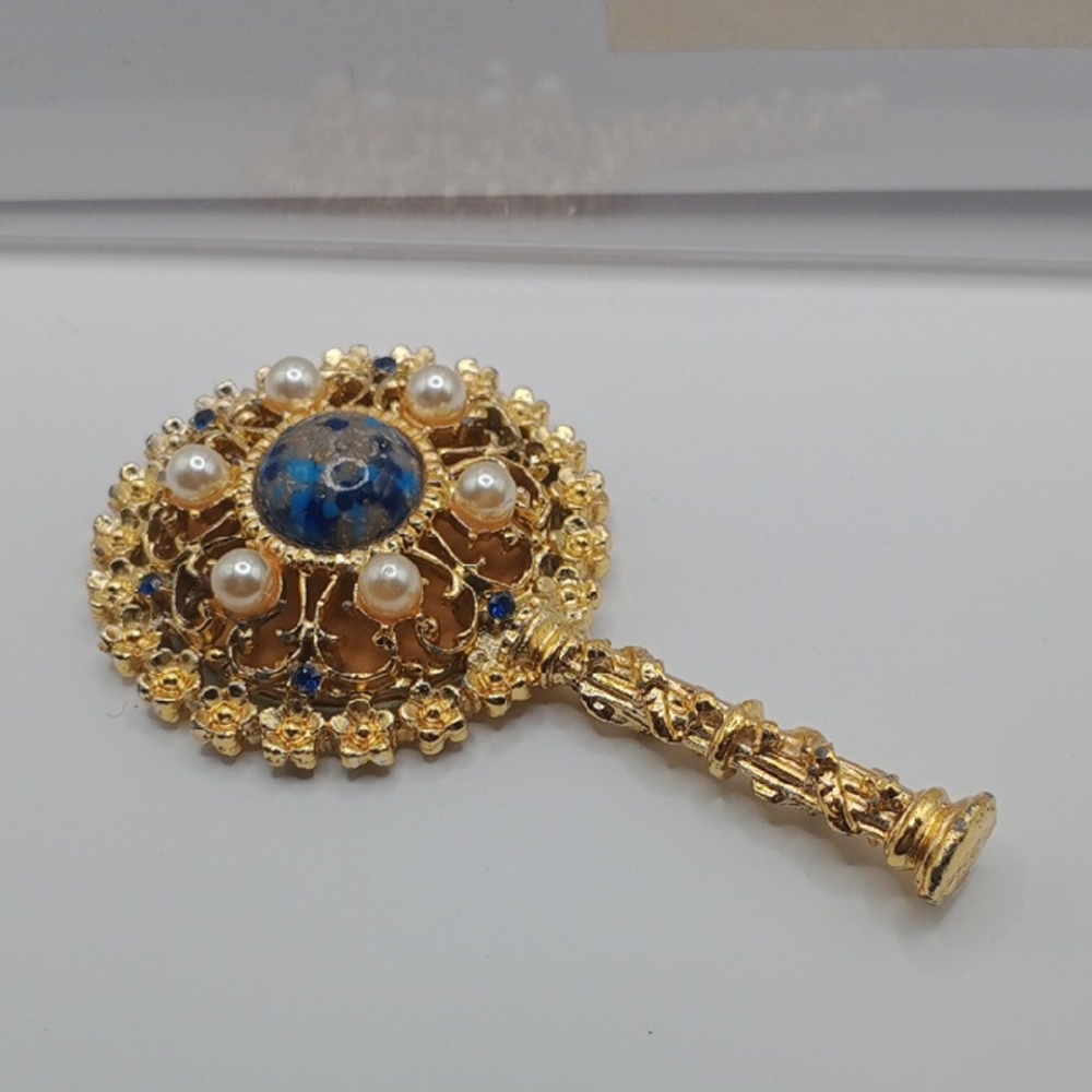 Vintage Sam Fink SF ,Elegant Gold and Blue Mirror with Pearls
